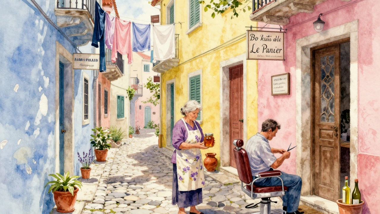 Colorful narrow streets of Le Panier with an elderly woman offering lavender honey and a barber sharpening a razor.