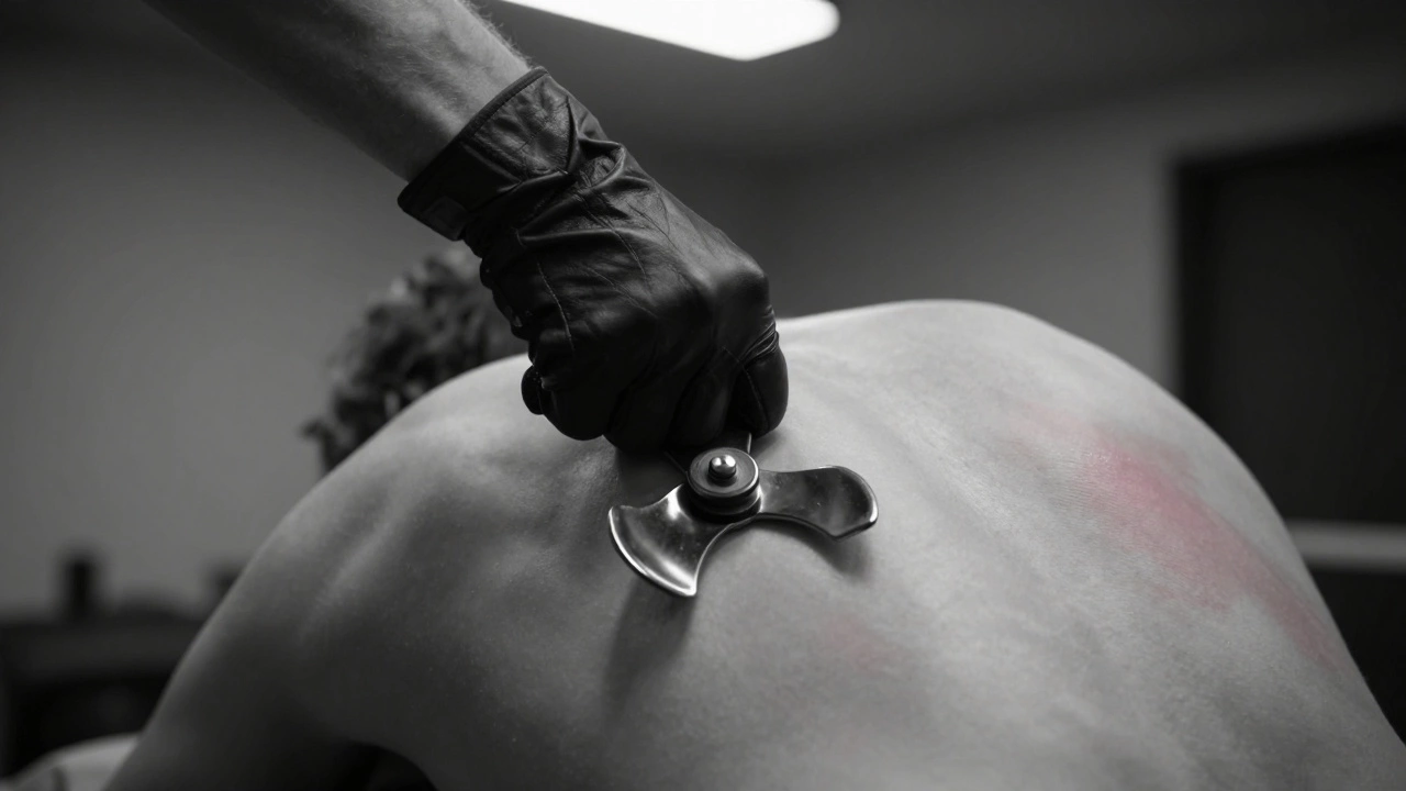 Hand in black leather glove pressing Severe Pinwheel against bare lower back, skin slightly reddened