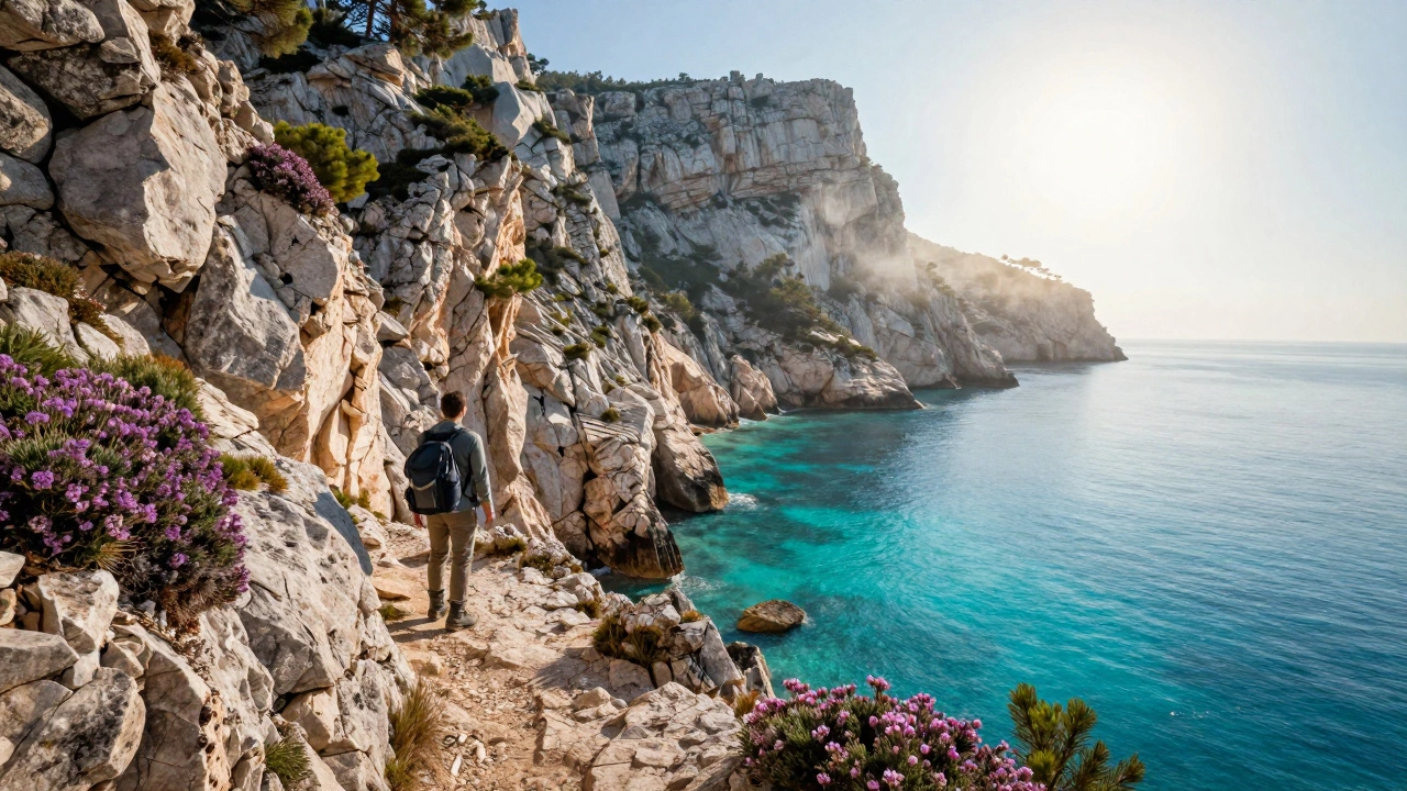 Serene Calanques cliffs at sunrise with a hiker overlooking a secluded cove surrounded by wild vegetation.