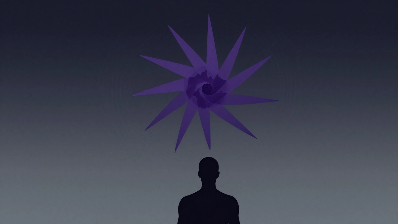 Severe Pinwheel suspended above human silhouette, emitting deep energy waves in indigo and charcoal